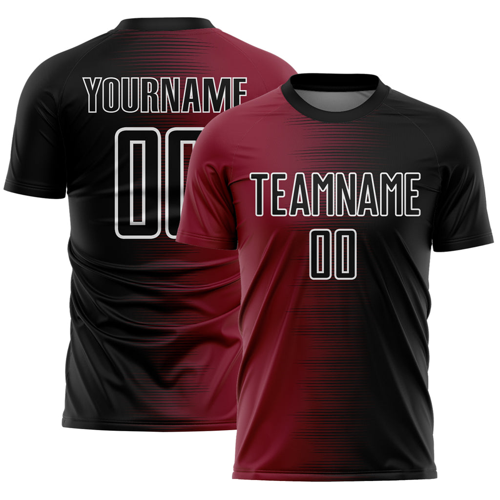 Custom Black White-Crimson Gradient Line Sublimation Soccer Uniform Jersey