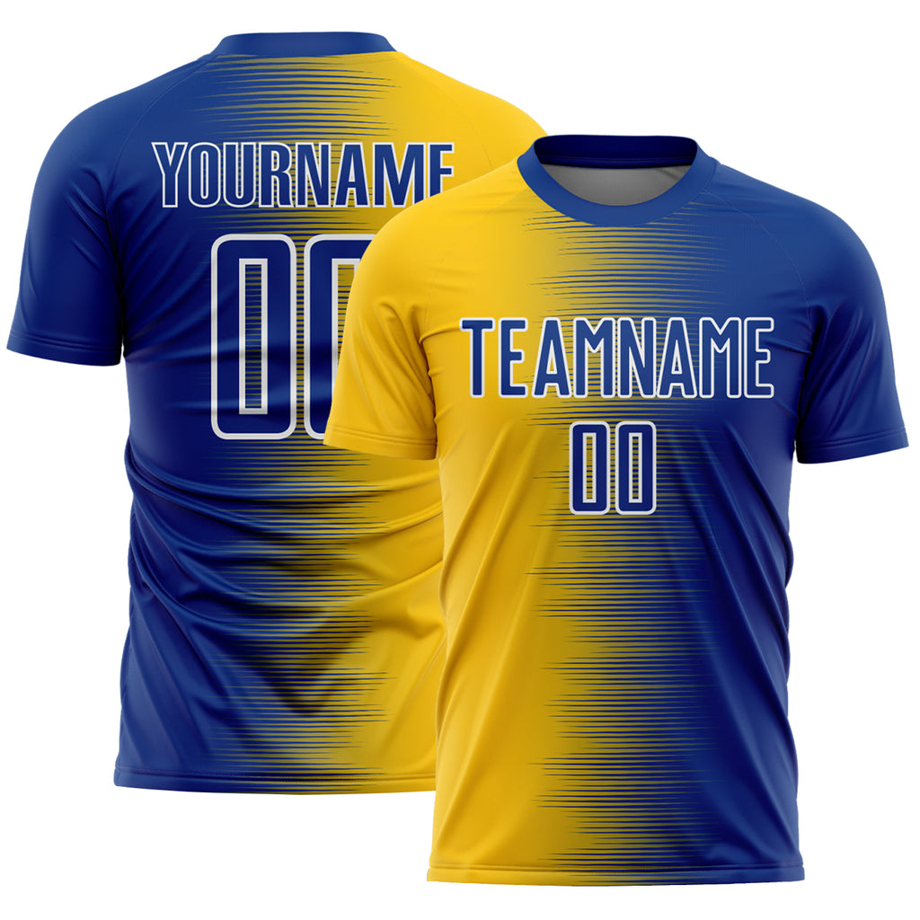 Custom Royal White-Yellow Gradient Line Sublimation Soccer Uniform Jersey