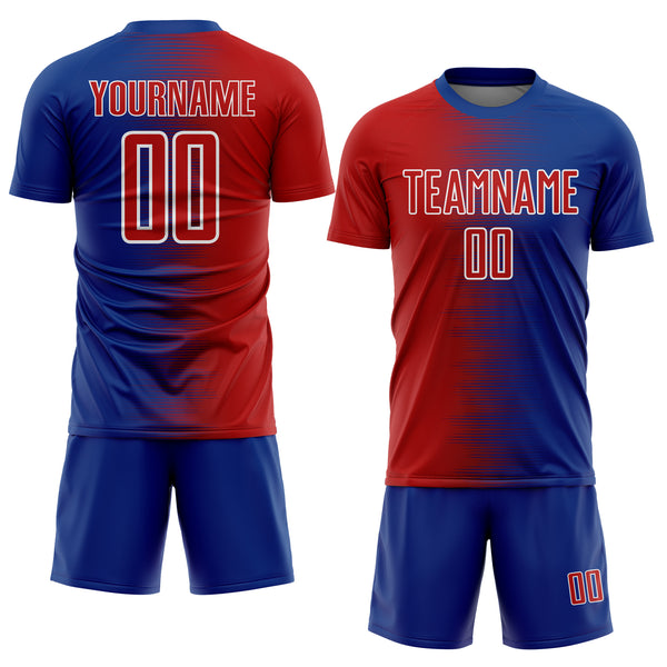 Custom Royal Red-White Gradient Line Sublimation Soccer Uniform Jersey