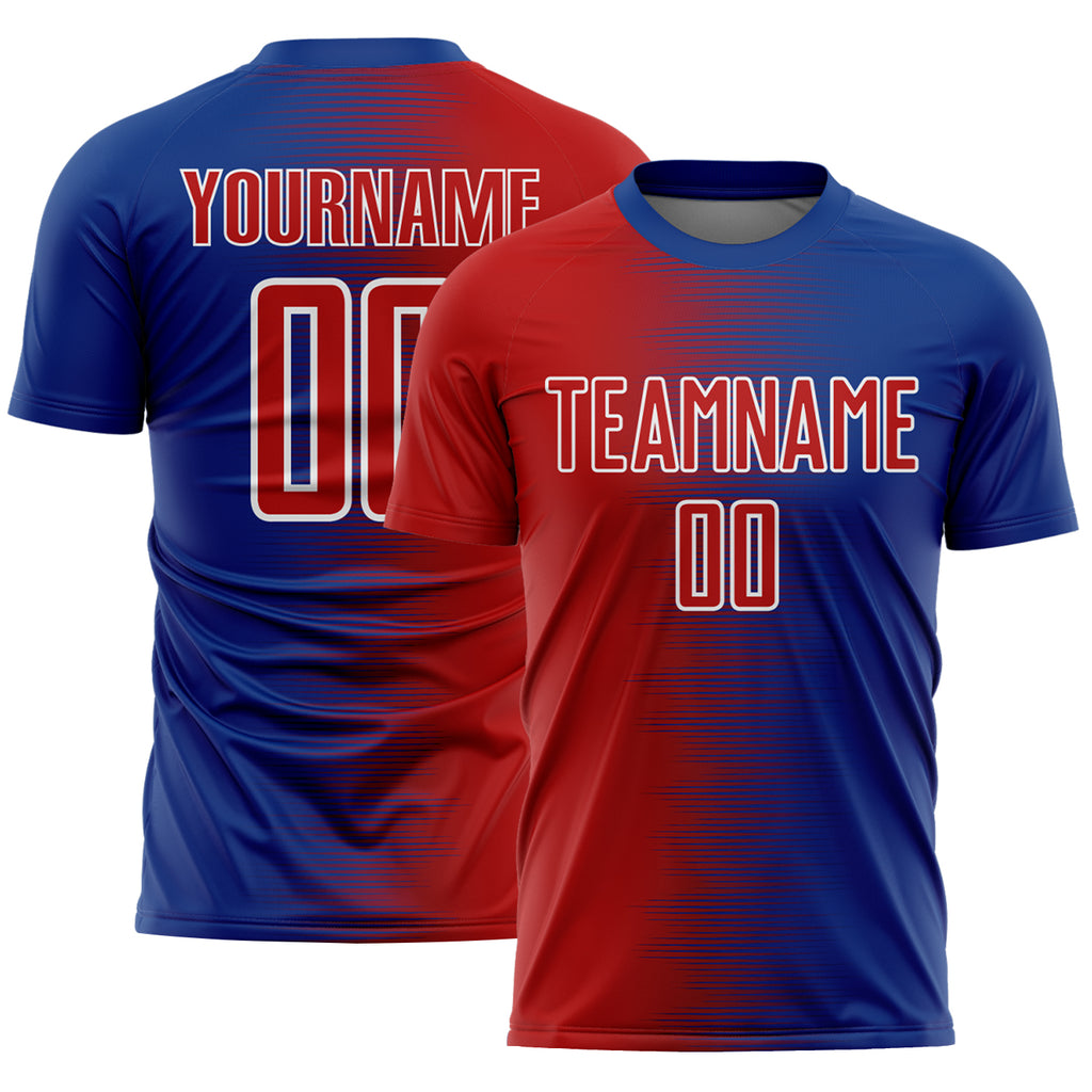 Custom Royal Red-White Gradient Line Sublimation Soccer Uniform Jersey