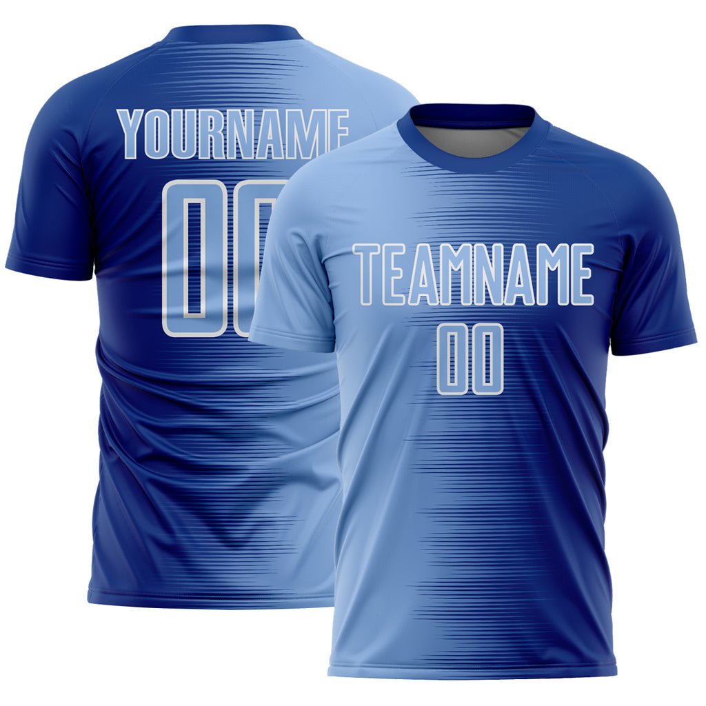 Custom Royal Light Blue-White Gradient Line Sublimation Soccer Uniform Jersey