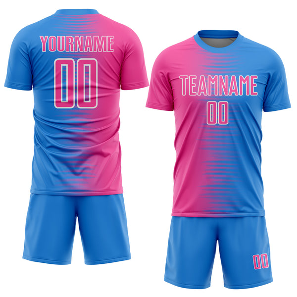 Custom Powder Blue Pink-White Gradient Line Sublimation Soccer Uniform Jersey