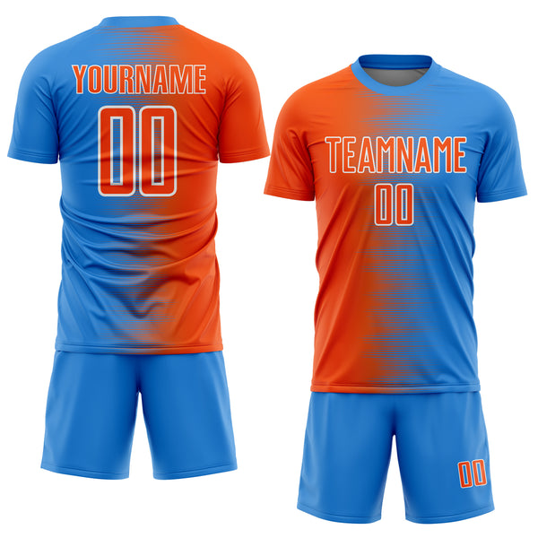 Custom Powder Blue Orange-White Gradient Line Sublimation Soccer Uniform Jersey