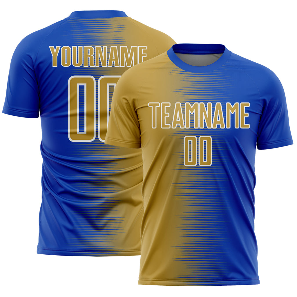 Custom Thunder Blue Old Gold-White Gradient Line Sublimation Soccer Uniform Jersey