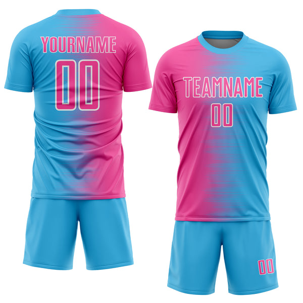 Custom Sky Blue Pink-White Gradient Line Sublimation Soccer Uniform Jersey