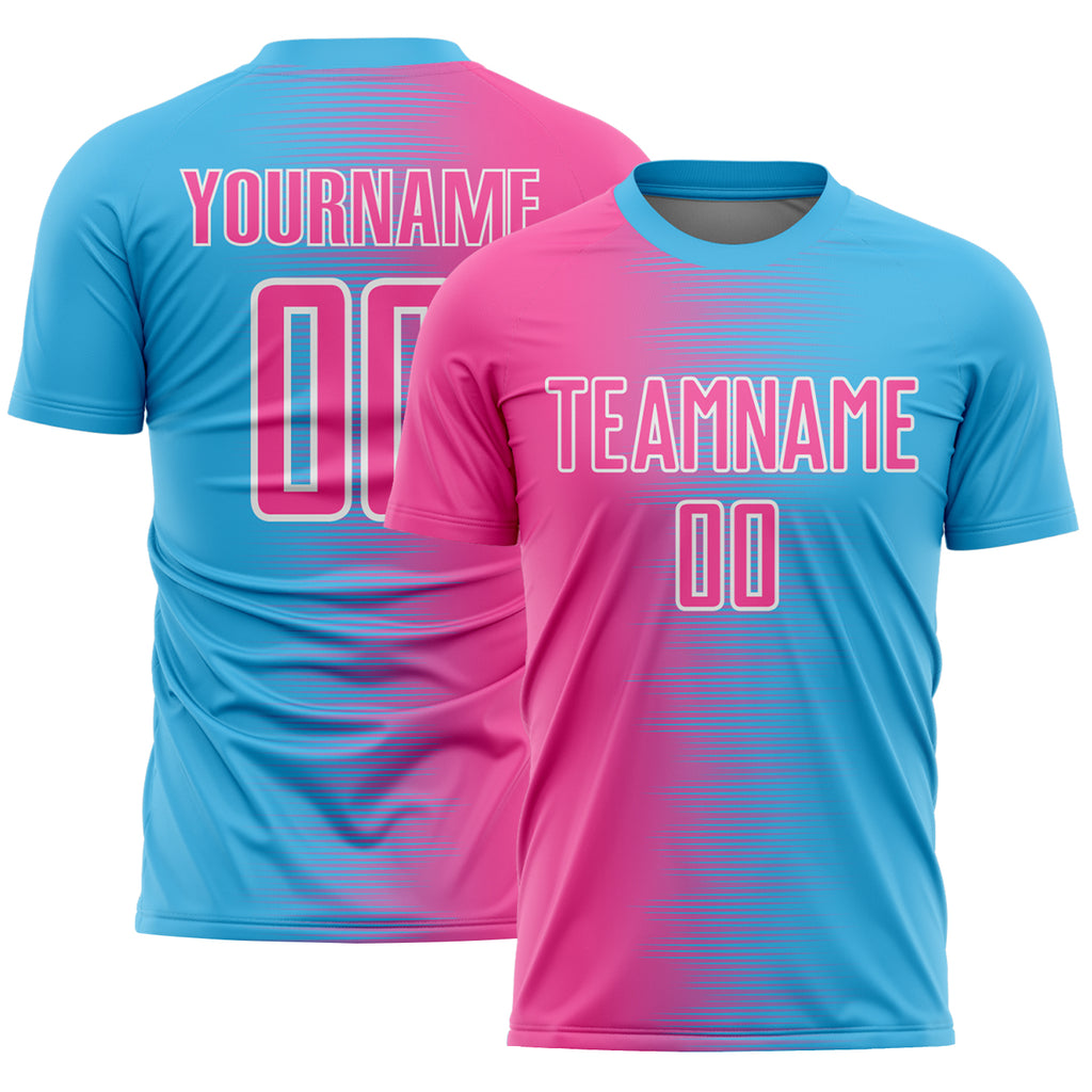 Custom Sky Blue Pink-White Gradient Line Sublimation Soccer Uniform Jersey