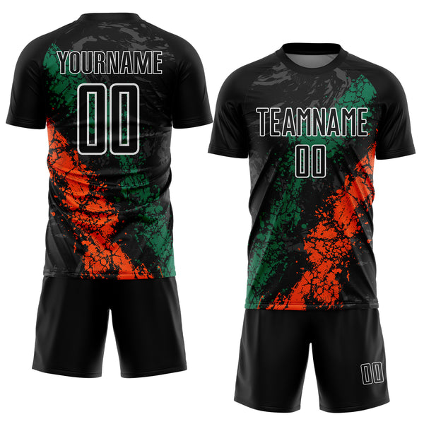 Custom Black White Kelly Green-Orange Dripping Splatter Cracked Texture Sublimation Soccer Uniform Jersey