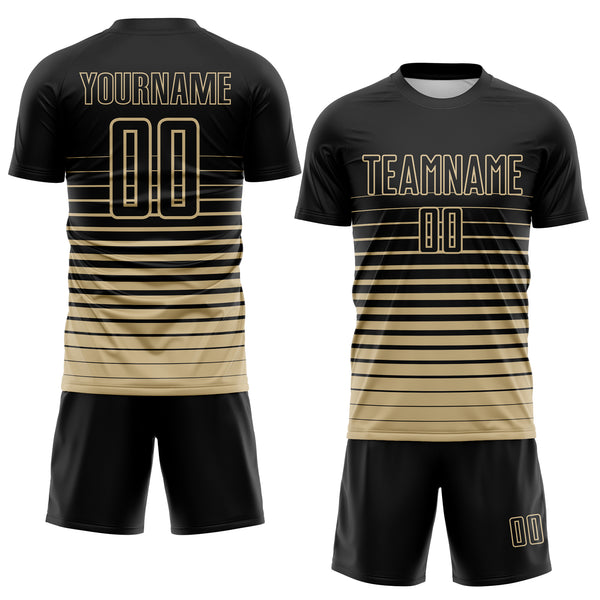Custom Black Vegas Gold Gradient Pinstripe Sublimation Soccer Uniform Jersey