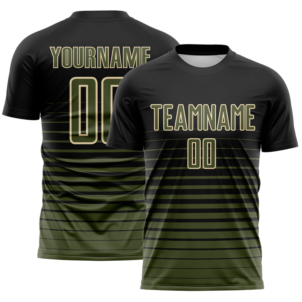 Custom Black Olive-Cream Gradient Pinstripe Sublimation Soccer Uniform Jersey