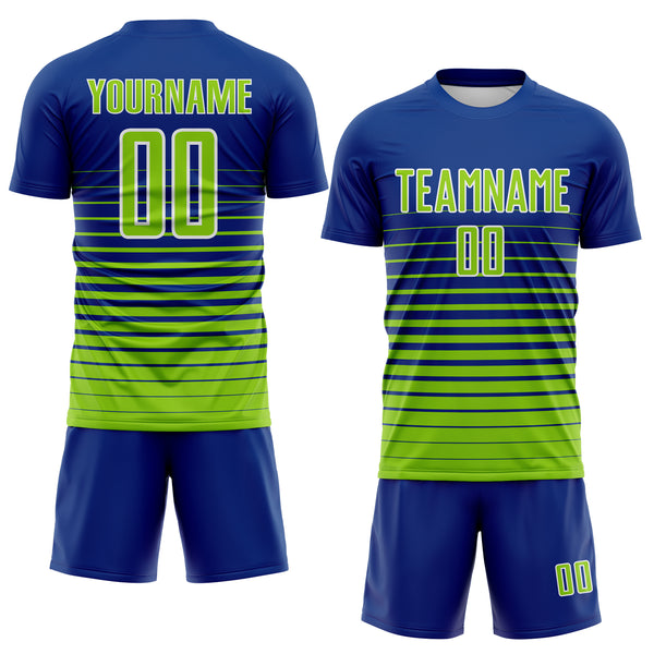 Custom Royal Neon Green-White Gradient Pinstripe Sublimation Soccer Uniform Jersey