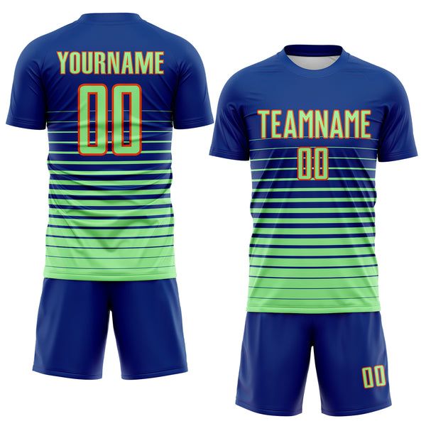 Custom Royal Pea Green-Orange Gradient Pinstripe Sublimation Soccer Uniform Jersey