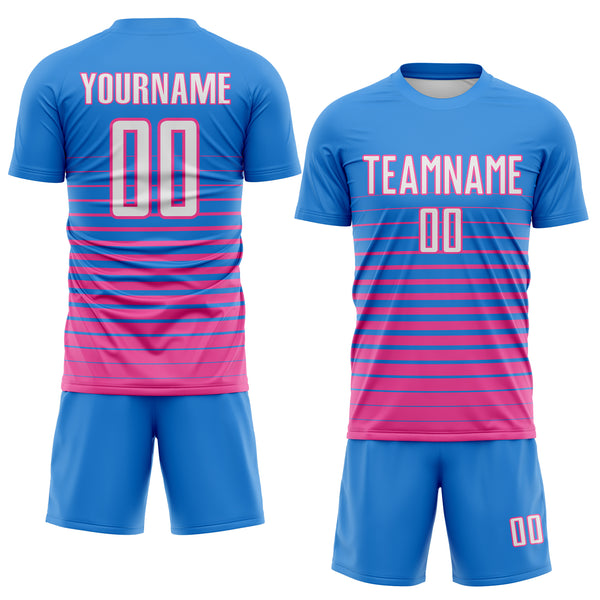 Custom Powder Blue White-Pink Gradient Pinstripe Sublimation Soccer Uniform Jersey