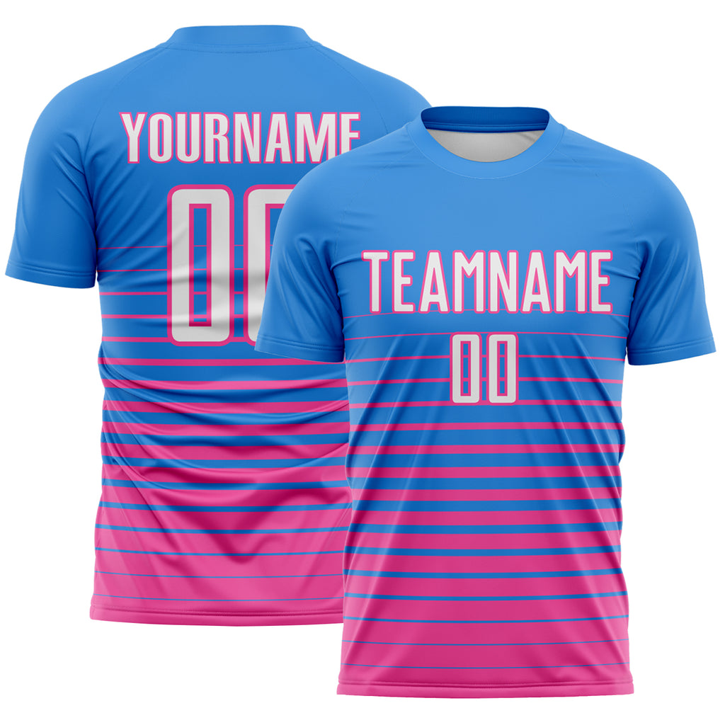 Custom Powder Blue White-Pink Gradient Pinstripe Sublimation Soccer Uniform Jersey