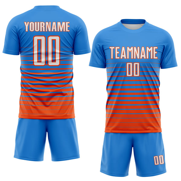 Custom Powder Blue White-Orange Gradient Pinstripe Sublimation Soccer Uniform Jersey
