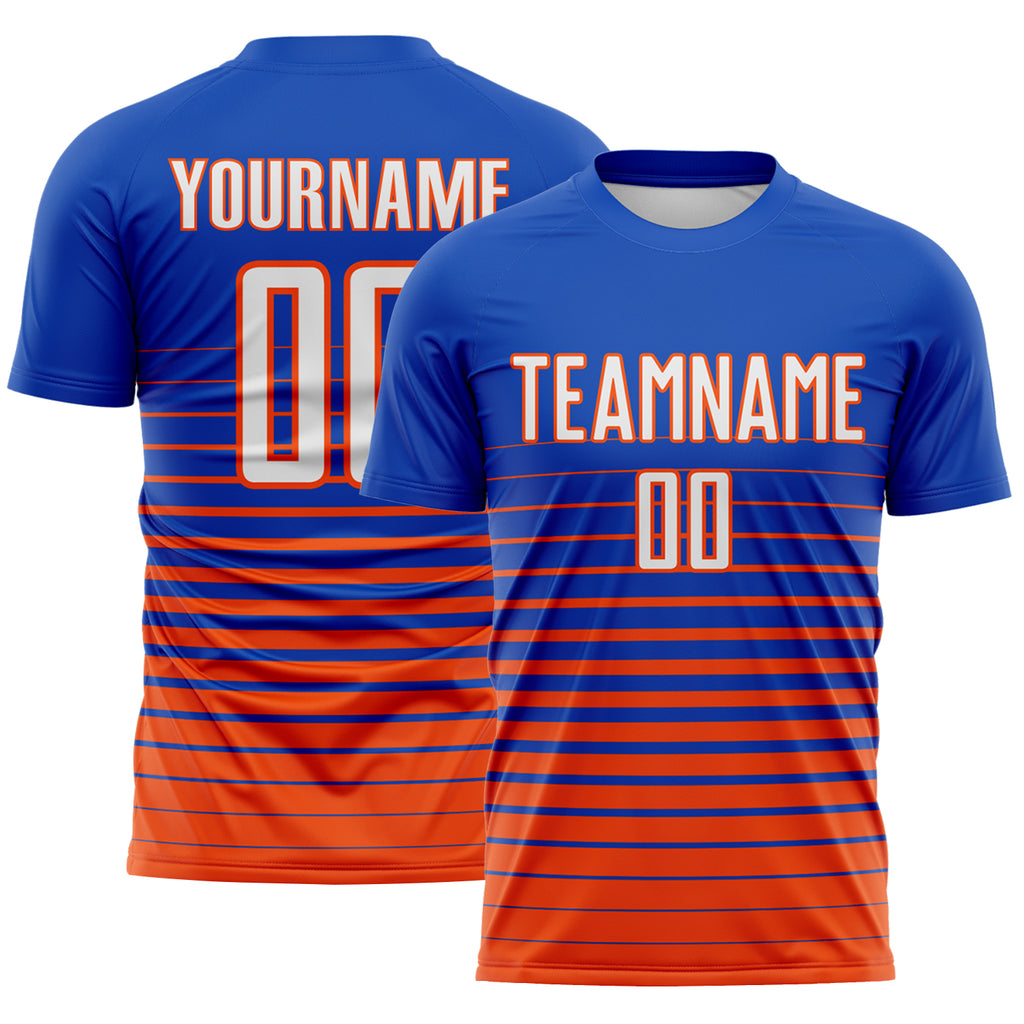 Custom Thunder Blue White-Orange Gradient Pinstripe Sublimation Soccer Uniform Jersey