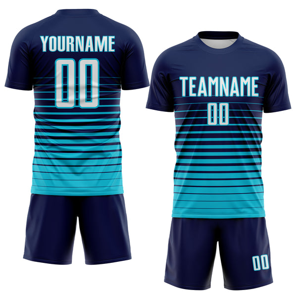 Custom Navy White-Lakes Blue Gradient Pinstripe Sublimation Soccer Uniform Jersey