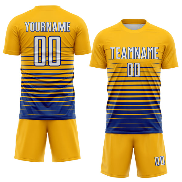 Custom Gold White-Royal Gradient Pinstripe Sublimation Soccer Uniform Jersey
