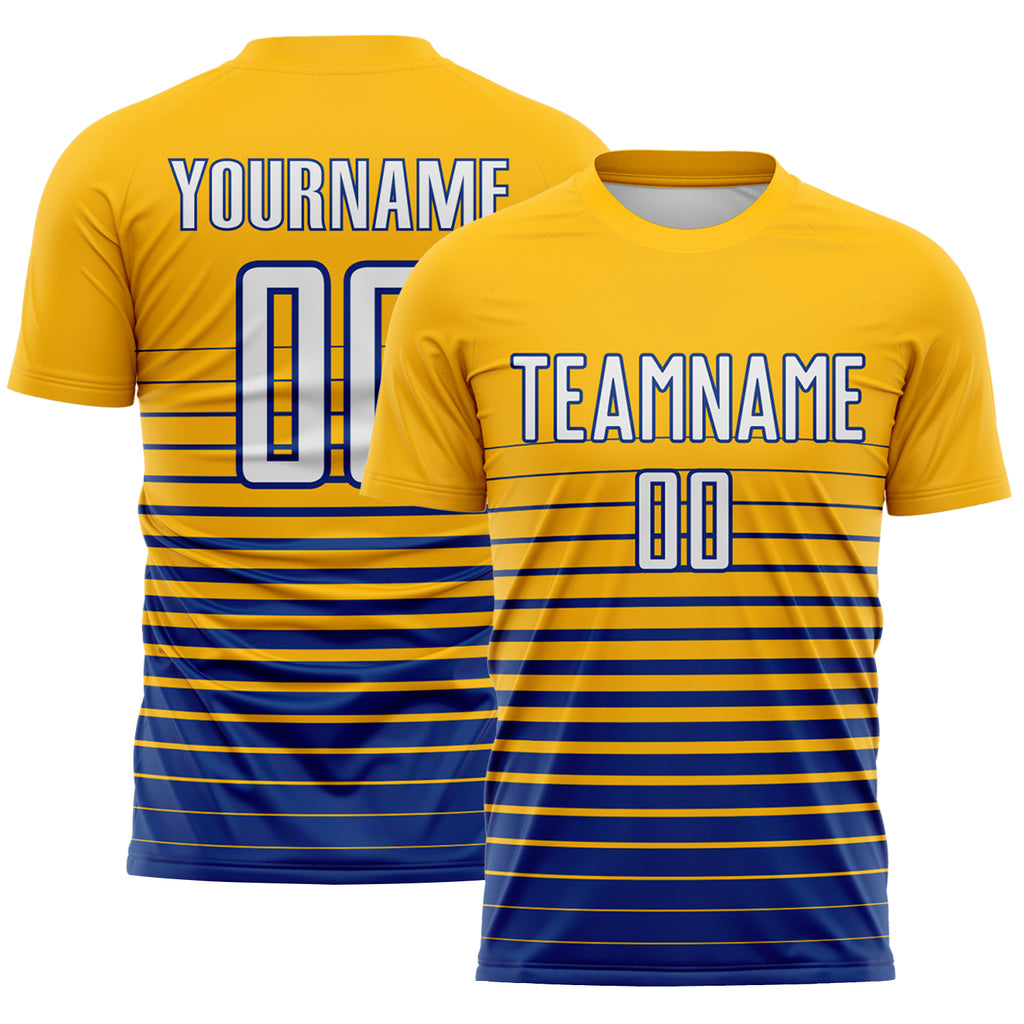 Custom Gold White-Royal Gradient Pinstripe Sublimation Soccer Uniform Jersey
