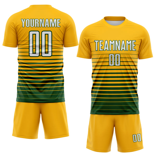 Custom Gold White-Green Gradient Pinstripe Sublimation Soccer Uniform Jersey
