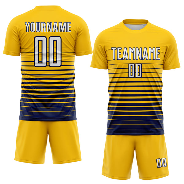 Custom Yellow White-Navy Gradient Pinstripe Sublimation Soccer Uniform Jersey