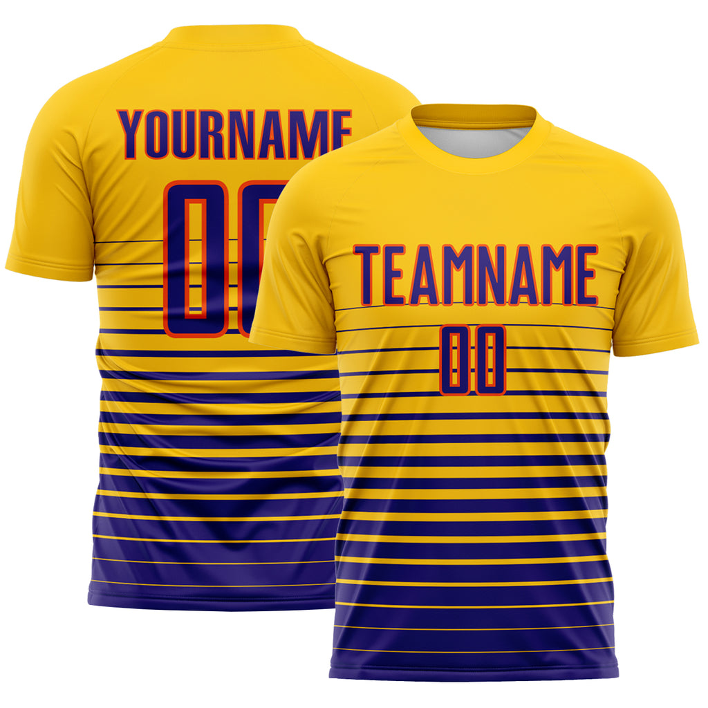 Custom Yellow Dark Purple-Orange Gradient Pinstripe Sublimation Soccer Uniform Jersey