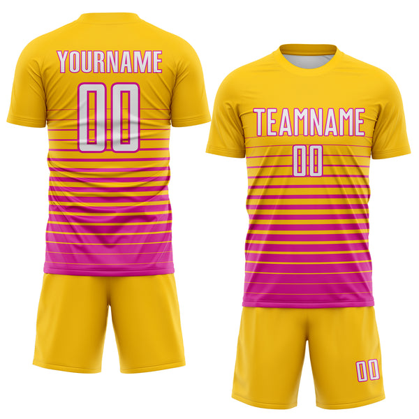 Custom Yellow White-Deep Pink Gradient Pinstripe Sublimation Soccer Uniform Jersey