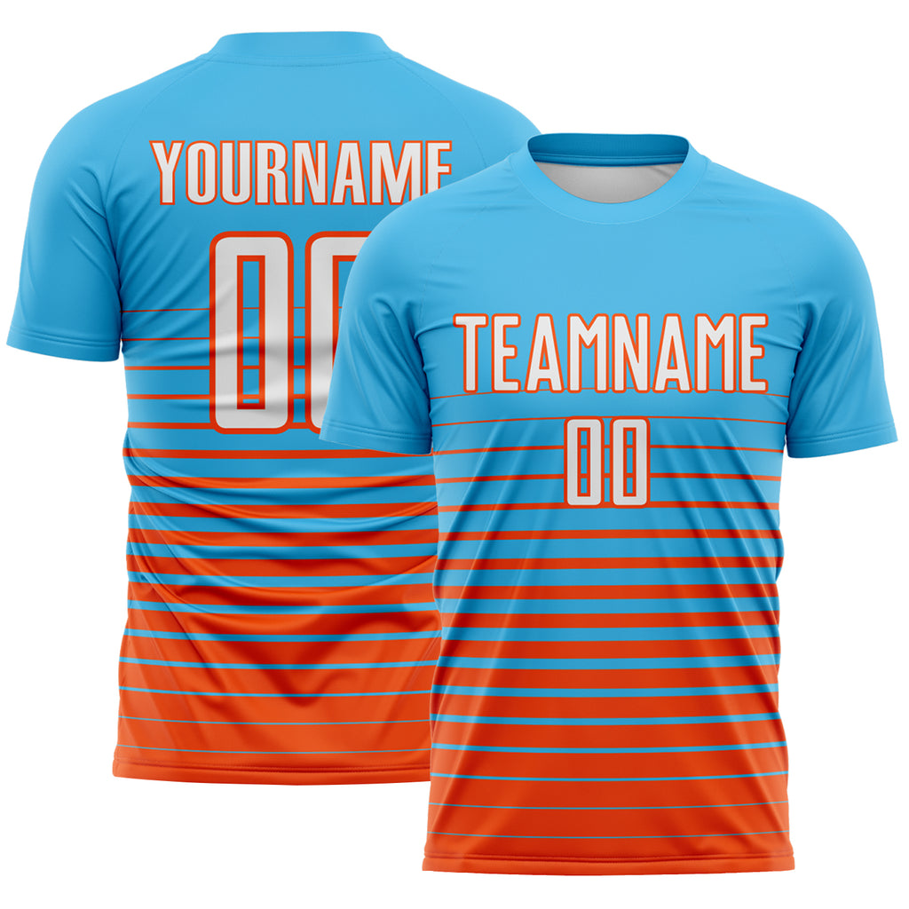 Custom Sky Blue White-Orange Gradient Pinstripe Sublimation Soccer Uniform Jersey