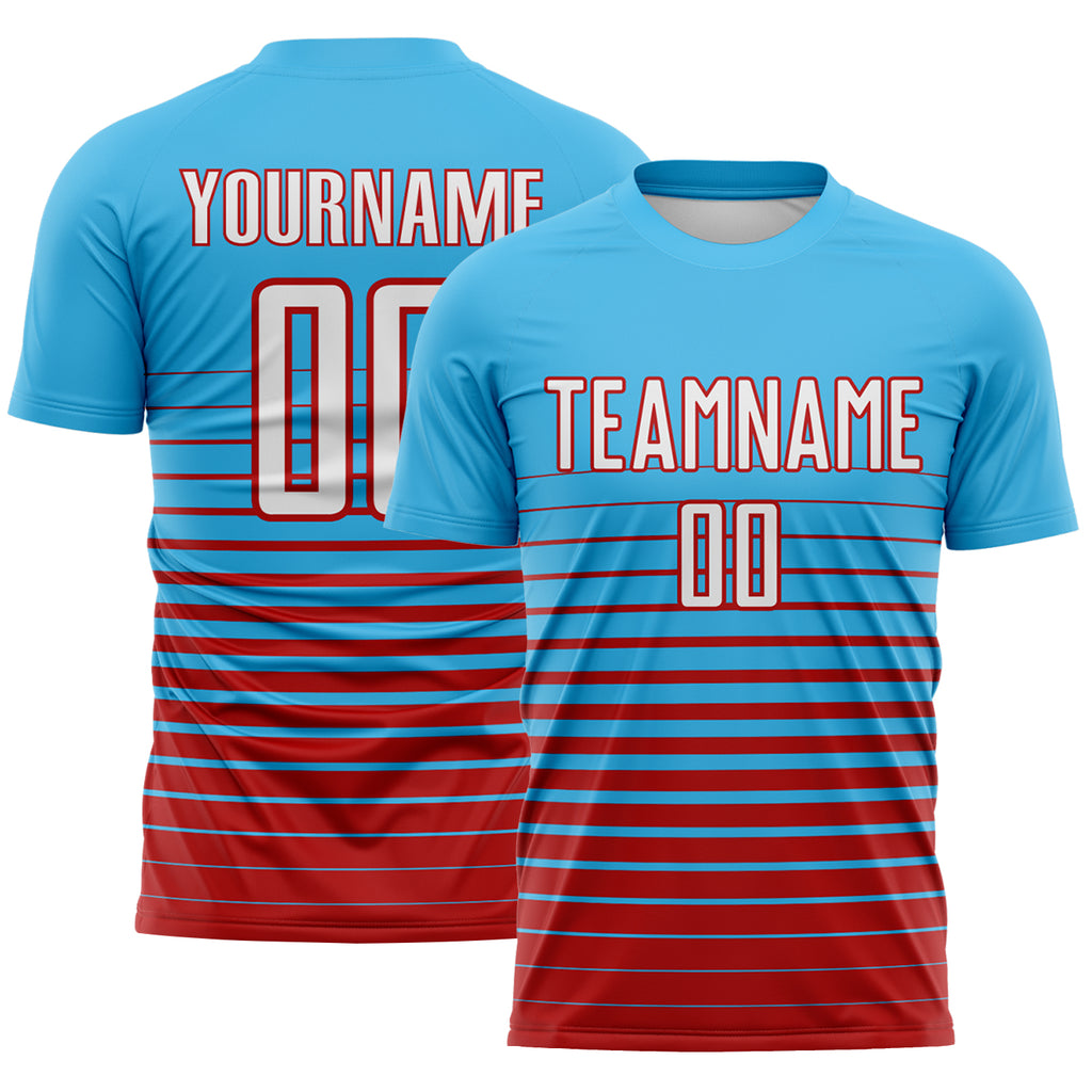 Custom Sky Blue White-Red Gradient Pinstripe Sublimation Soccer Uniform Jersey