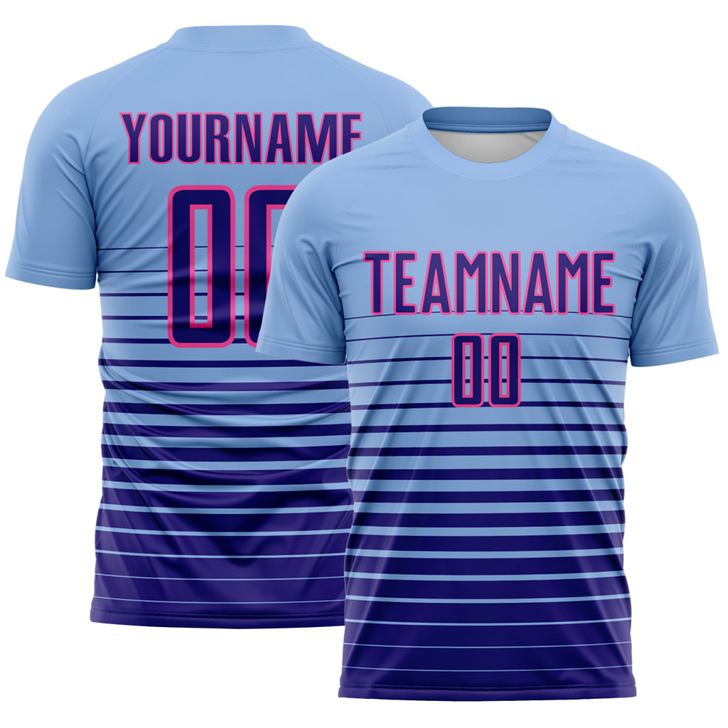 Custom Light Blue Dark Purple-Pink Gradient Pinstripe Sublimation Soccer Uniform Jersey