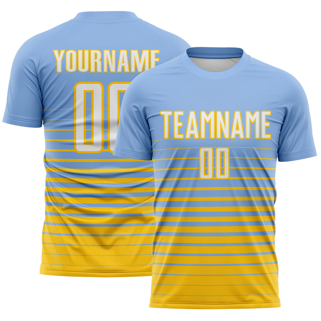 Custom Light Blue White-Yellow Gradient Pinstripe Sublimation Soccer Uniform Jersey