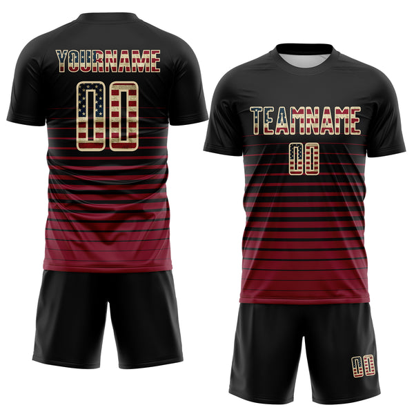 Custom Black Vintage USA Flag Cream-Crimson Gradient Pinstripe Sublimation Soccer Uniform Jersey