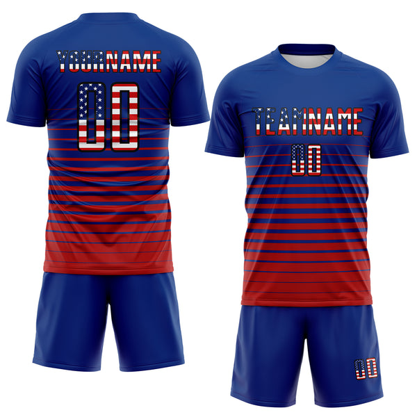 Custom Royal Vintage USA Flag Black-Red Gradient Pinstripe Sublimation Soccer Uniform Jersey
