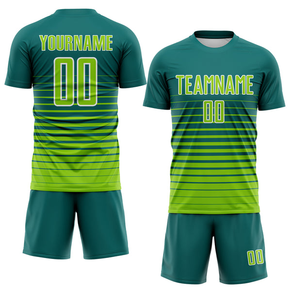 Custom Teal Neon Green-White Gradient Pinstripe Sublimation Soccer Uniform Jersey