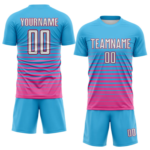 Custom Sky Blue White Pink-Black Gradient Pinstripe Sublimation Soccer Uniform Jersey