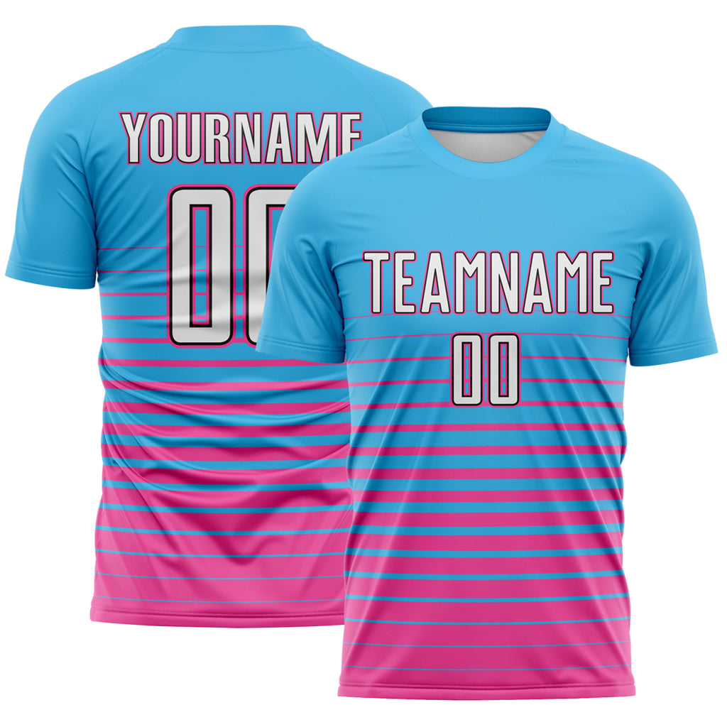 Custom Sky Blue White Pink-Black Gradient Pinstripe Sublimation Soccer Uniform Jersey
