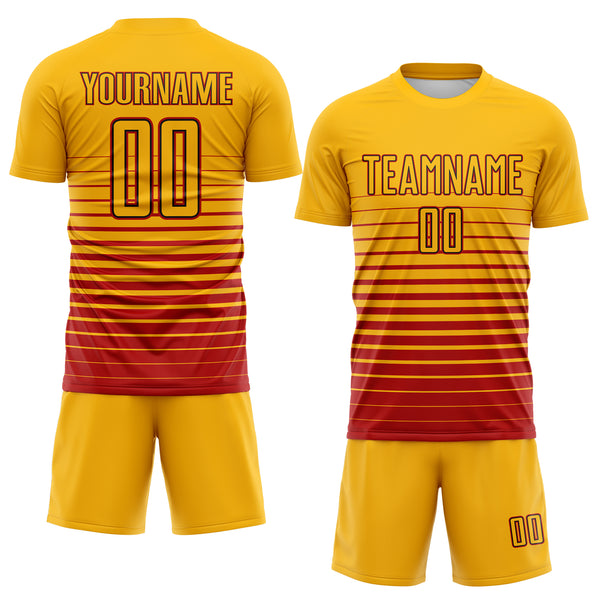 Custom Gold Red-Black Gradient Pinstripe Sublimation Soccer Uniform Jersey