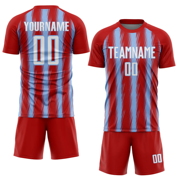 Custom Red White-Light Blue Vertical Brush Stroke Stripes Sublimation Soccer Uniform Jersey