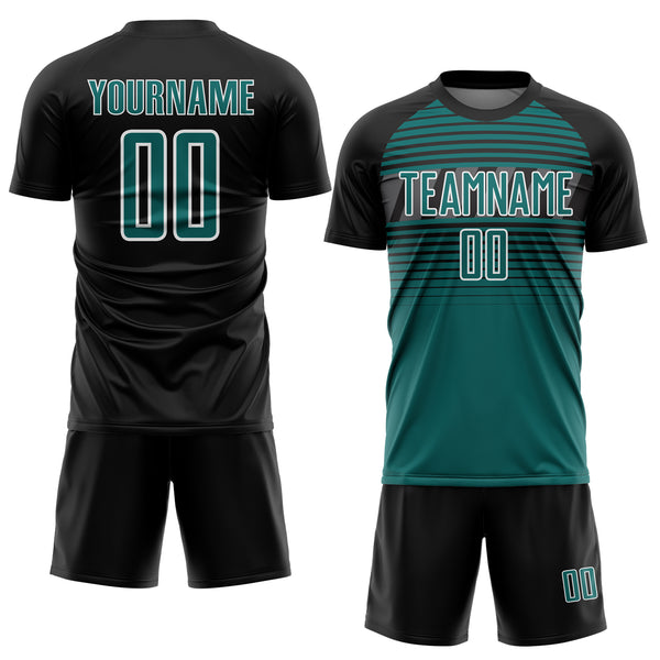 Custom Black Teal Steel Gray-White Gradient Horizontal Stripes Sublimation Soccer Uniform Jersey