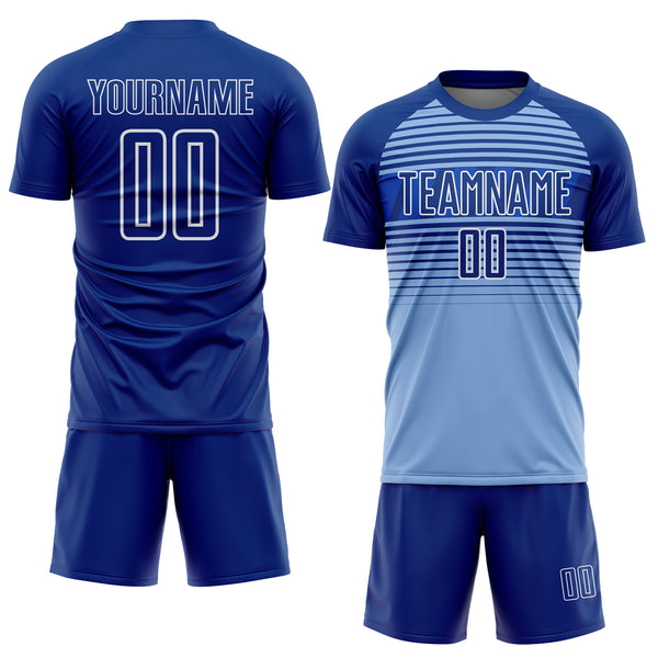 Custom Royal Light Blue Thunder Blue-White Gradient Horizontal Stripes Sublimation Soccer Uniform Jersey