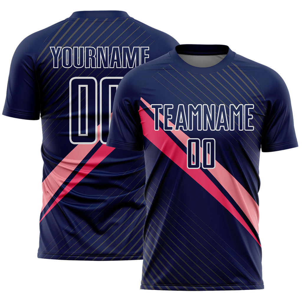 Custom Navy White-Pink Diagonal Stripes Sports Sublimation Soccer Uniform Jersey