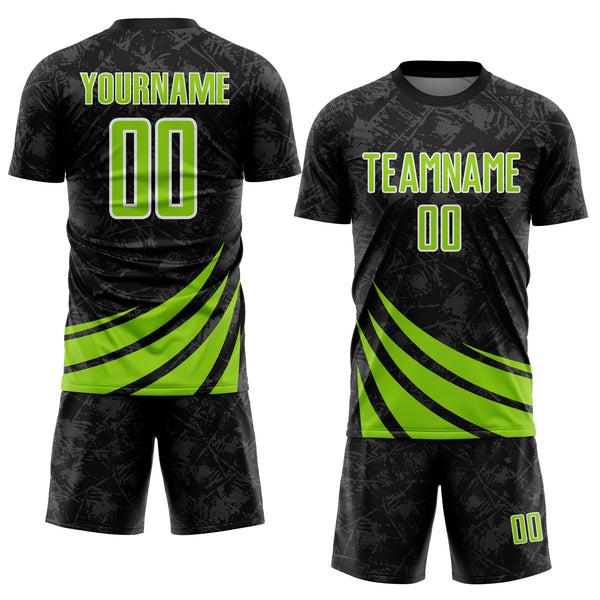 Custom Black Neon Green-White Distressed Diagonal Stripes Wind Shapes Sports Sublimation Soccer Uniform Jersey