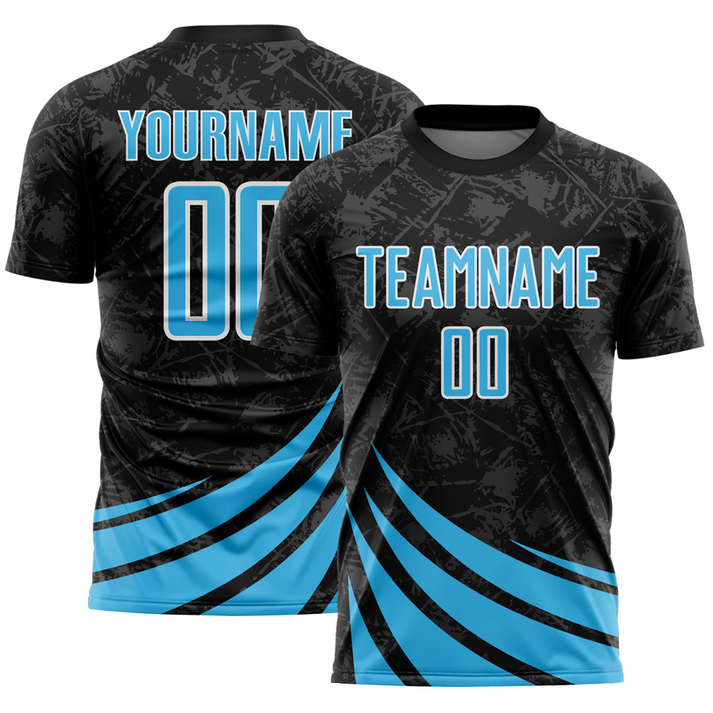 Custom Black Sky Blue-White Distressed Diagonal Stripes Wind Shapes Sports Sublimation Soccer Uniform Jersey