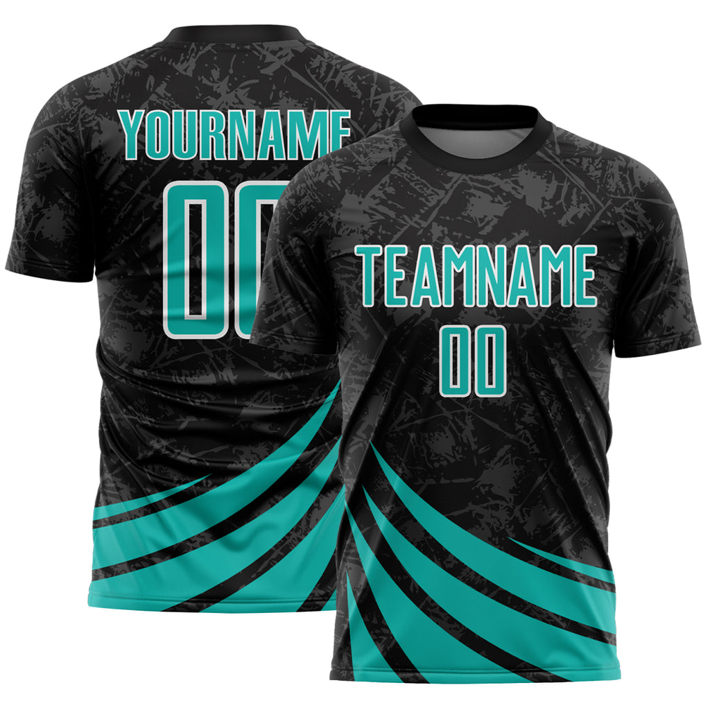 Custom Black Aqua-White Distressed Diagonal Stripes Wind Shapes Sports Sublimation Soccer Uniform Jersey