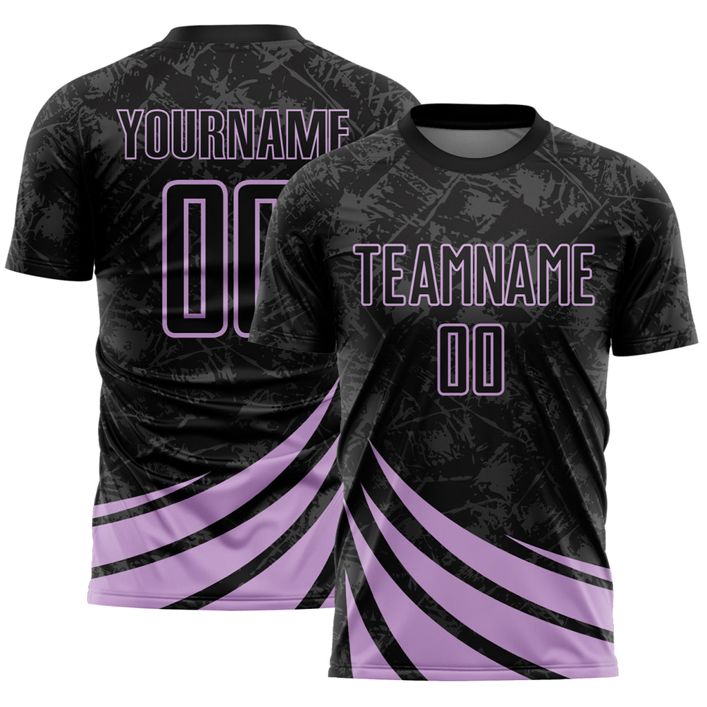 Custom Black Light Purple Distressed Diagonal Stripes Wind Shapes Sports Sublimation Soccer Uniform Jersey