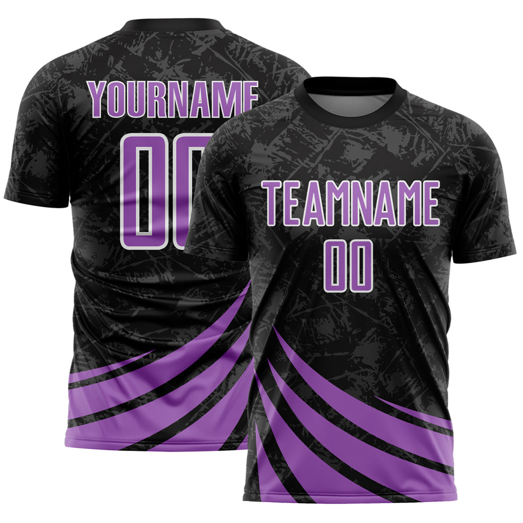 Custom Black Medium Purple-White Distressed Diagonal Stripes Wind Shapes Sports Sublimation Soccer Uniform Jersey