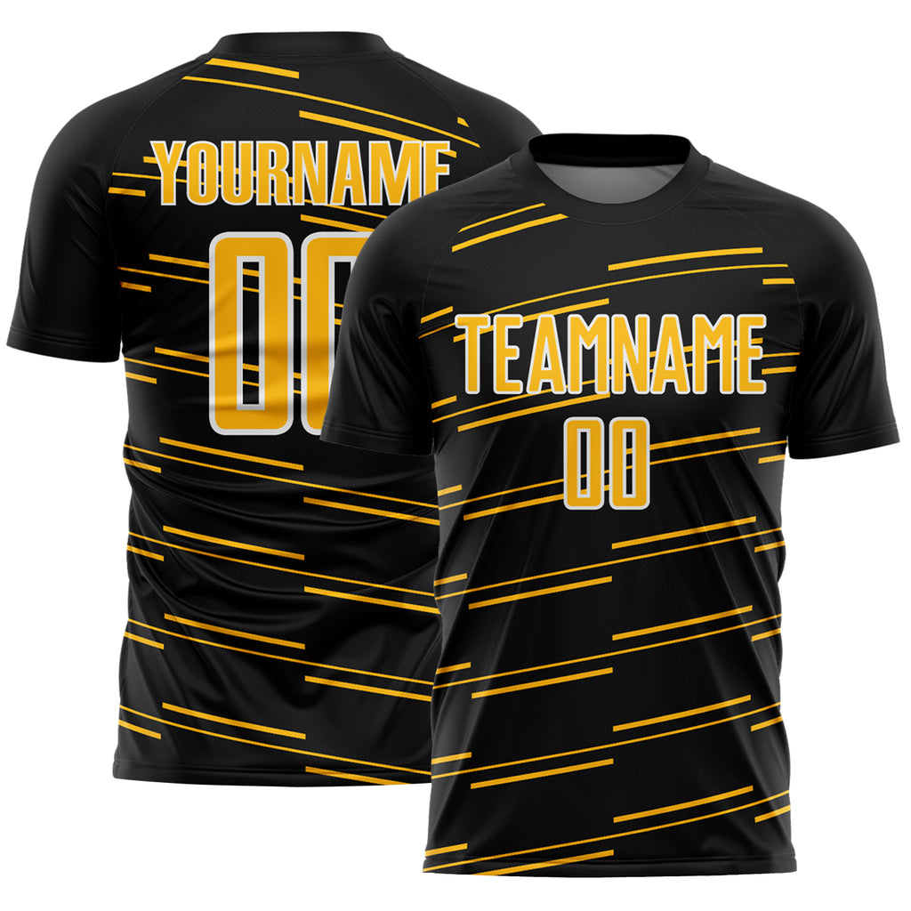 Custom Black Gold-White Diagonal Pinstripes Lines Sports Sublimation Soccer Uniform Jersey