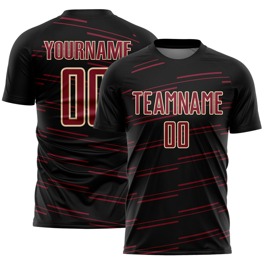 Custom Black Crimson-Cream Diagonal Pinstripes Lines Sports Sublimation Soccer Uniform Jersey