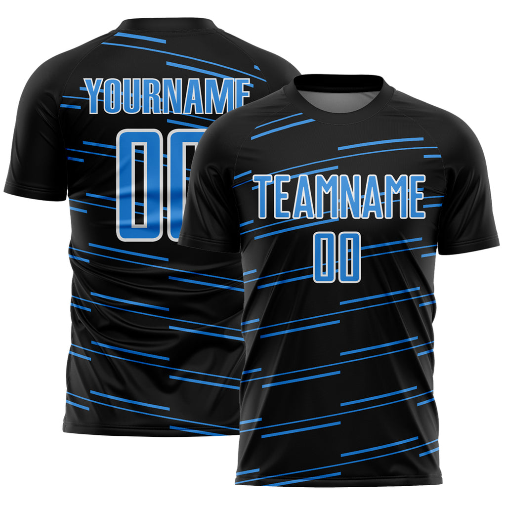 Custom Black Powder Blue-White Diagonal Pinstripes Lines Sports Sublimation Soccer Uniform Jersey