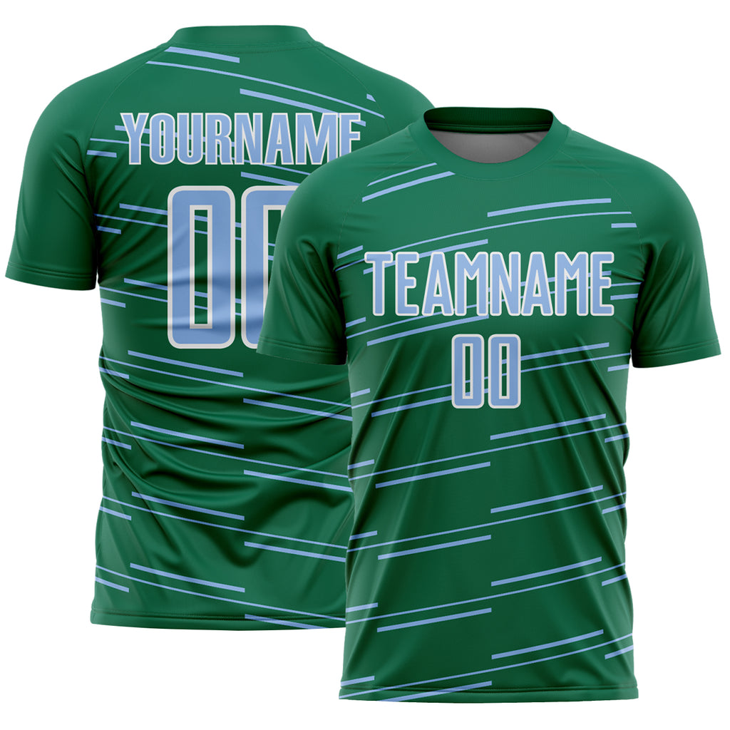 Custom Kelly Green Light Blue-White Diagonal Pinstripes Lines Sports Sublimation Soccer Uniform Jersey