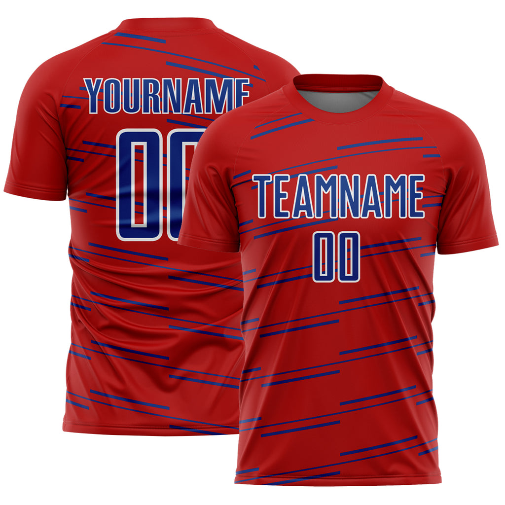 Custom Red Royal-White Diagonal Pinstripes Lines Sports Sublimation Soccer Uniform Jersey